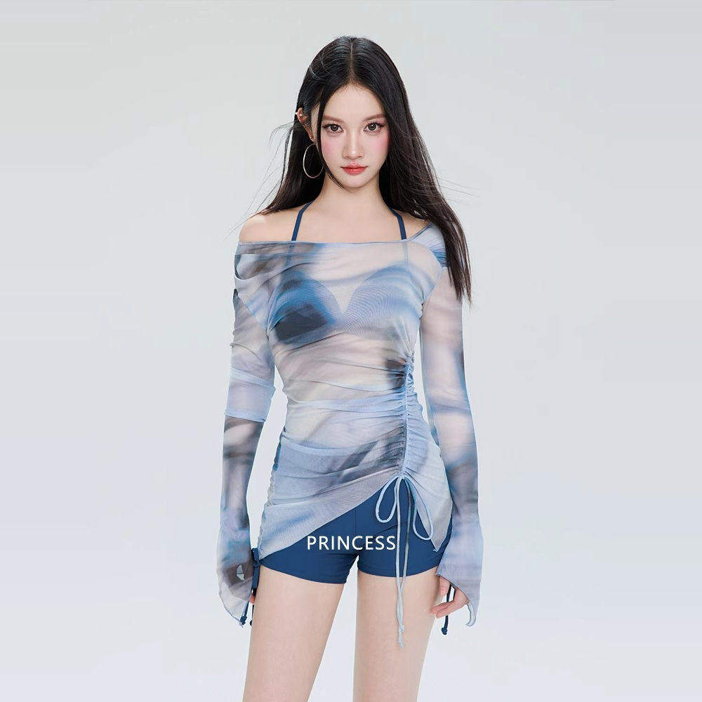 糖味小仙女蓝色泳衣女2025新款性感比基尼三件套泡温泉度假游泳装