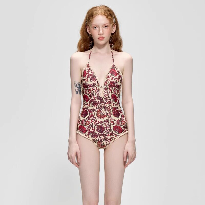 澳洲小众轻奢印花挂脖连体小胸聚拢遮肚显瘦温泉度假海边泳衣女