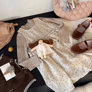 花样衣家女童中大童秋季新款韩系无袖裙蕾丝波点连衣裙背心裙罩衫