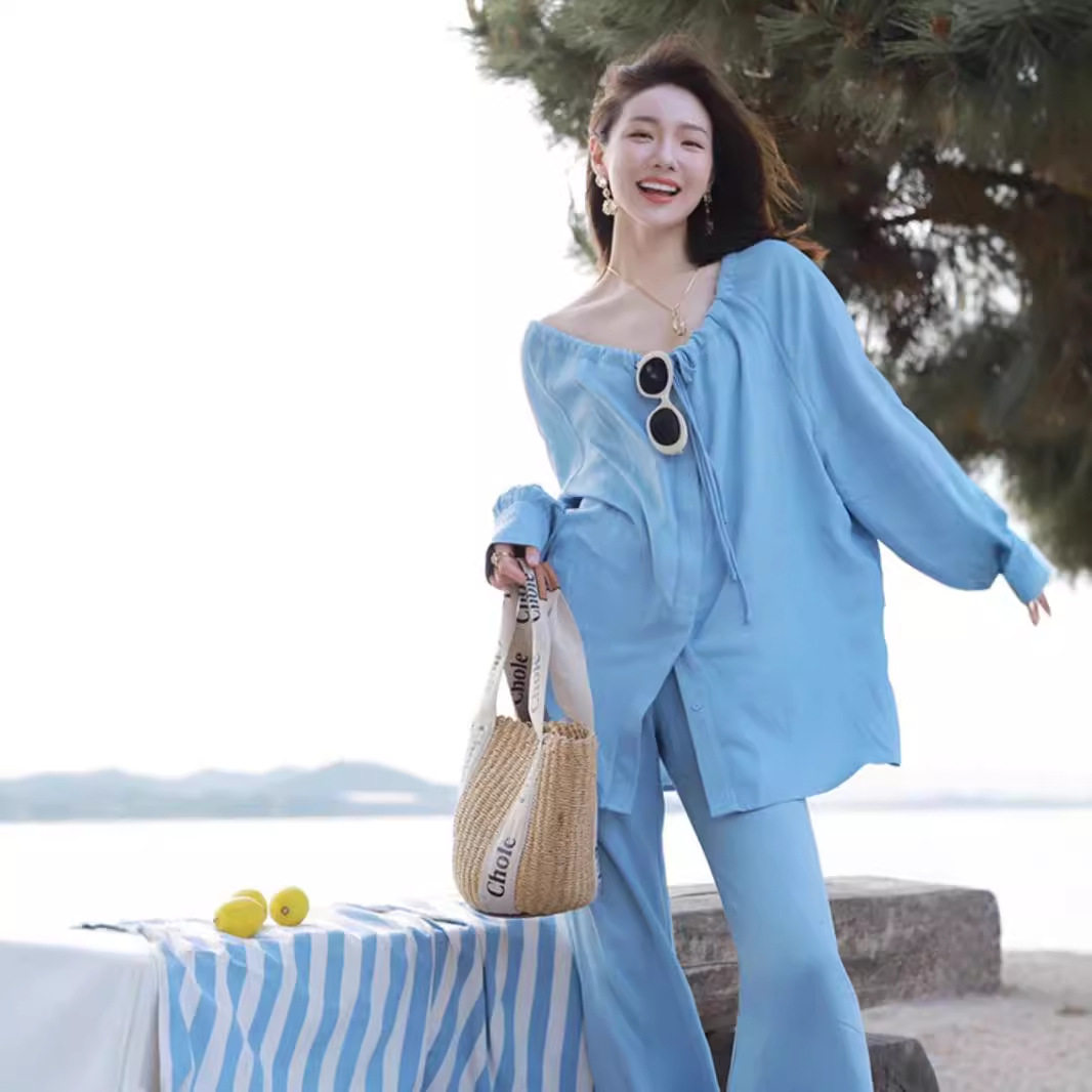 松弛感天丝牛仔蓝色套装女夏慵懒休闲运动套装
