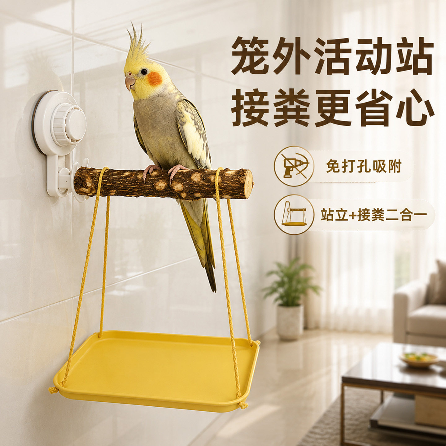鹦鹉吸盘站架花椒木站杆玄凤虎皮牡丹鸟笼外站杠棍免打孔接粪托盘
