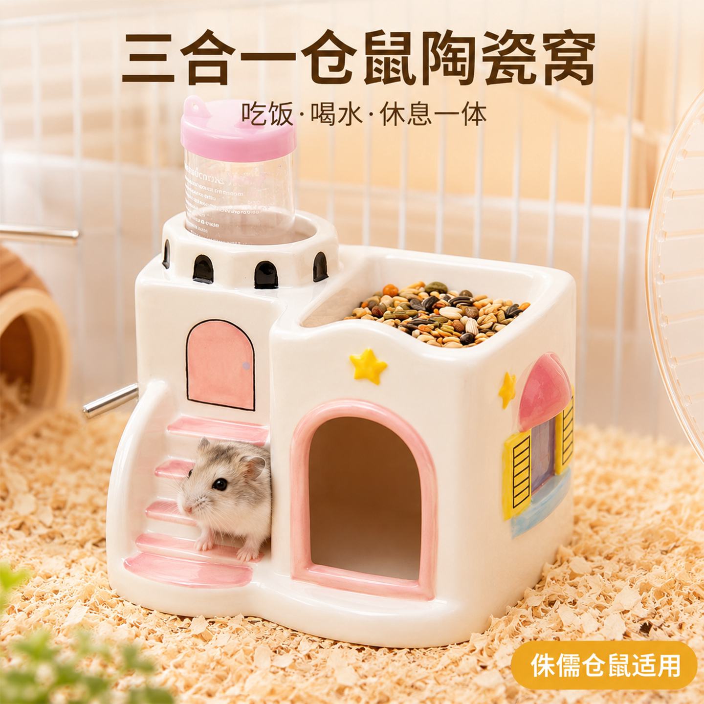 仓鼠陶瓷窝多功能三合一小城堡食盆水壶架侏儒窝笼内省空间躲避屋