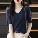 V领针织上衣女夏薄款冰丝短袖纯色宽松大码上衣打底显瘦半袖