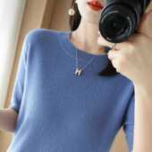 针织T恤女圆领短款 打底衫 套头半袖 短袖 毛衣宽松大码 2024春夏新款