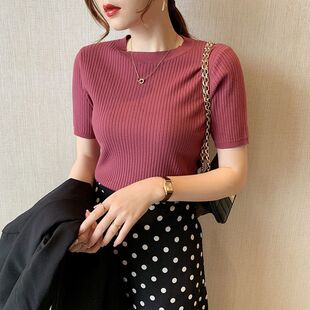 冰丝针织衫短袖女夏季2026新款法式套头毛衣圆领宽松百搭打底上衣