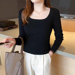 2024年春季新款方领打底衫女春秋洋气内搭长袖针织衫上衣短款毛衣