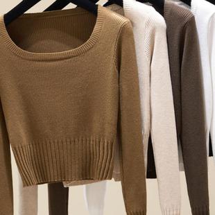 小众短款方领针织衫女2024秋冬新款纯色修身打底毛衣内搭外穿上衣