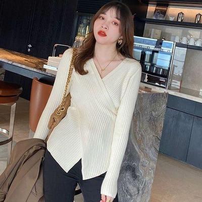 长袖针织衫打底衫女内搭早秋设计感小众v领毛衣修身显瘦韩系上衣