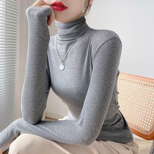 螺纹灰色高领打底衫女新款2026秋冬内搭薄款洋气修身堆堆领上衣潮
