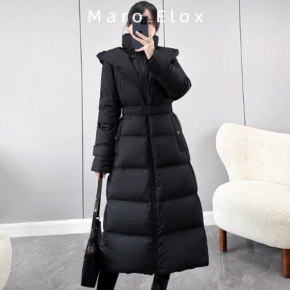 Maro Elox长款修身显瘦气质黑色羽绒服女冬季时尚加厚保暖外套