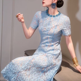 Fashion夏季 女装 Design 新款 名媛风连衣裙 气质修身 蕾丝礼服法式