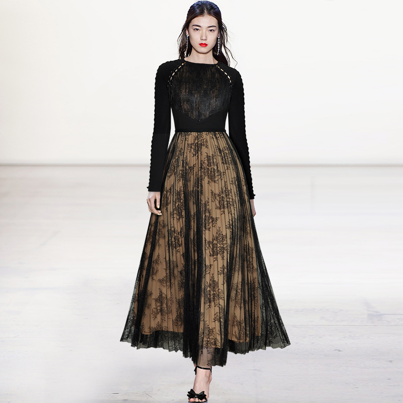 Design Fashion蕾丝拼接收腰百褶大摆公主风长款礼服设计感连衣裙