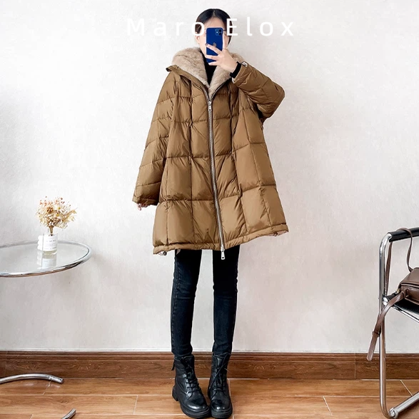Maro Elox女装冬季宽松大码中长款羽绒服女连帽毛领白鸭绒a字外套