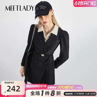 法式 收腰长袖 连衣裙女2024春秋装 MEETLADY黑色轻奢西装 百褶短裙