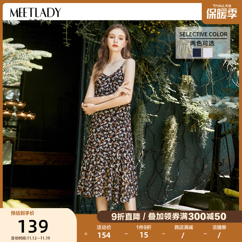 【莫奈花园】MEETLADY时尚复古风碎花吊带裙2023春性感雪纺连衣裙
