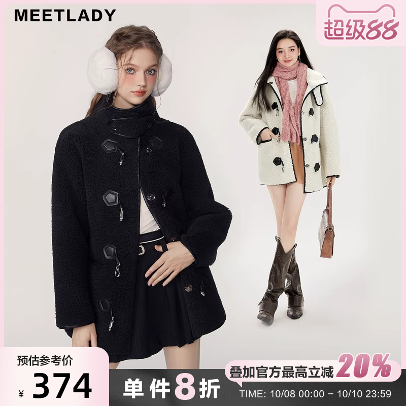 MEETLADY仿皮毛一体羊羔毛外套女冬装纯黑立领金属皮扣保暖大衣