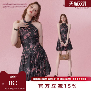 SEENFAAN盛放收腰显瘦挂脖连衣裙夏新款 花色小众设计小个子短裙子