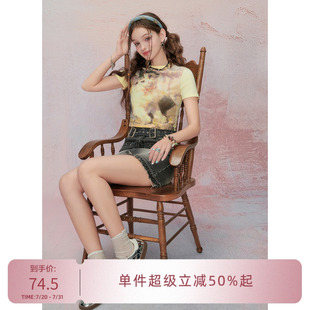 修身 SEENFAAN盛放短款 新款 短袖 显瘦趣味印花甜辣上衣 T恤女夏季