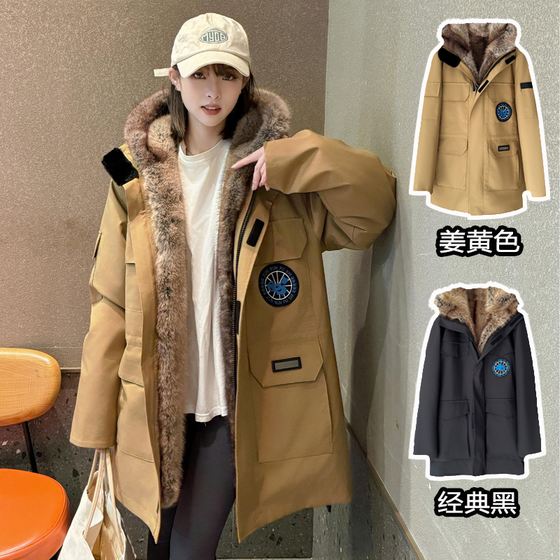 派克服女连帽中长款皮毛一体外套