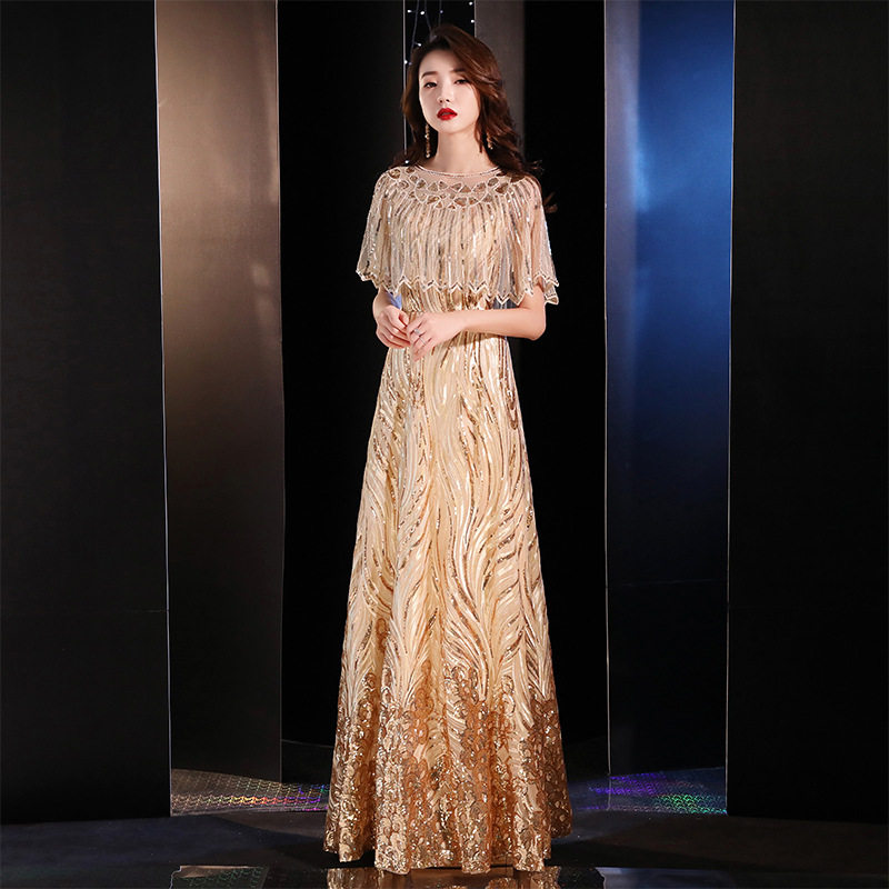 金色晚礼服女高端新款宴会端庄亮片长款显瘦年会主持人聚会礼服裙,女装/女士精品,婚纱,淘宝优惠券,粉丝福利购,淘宝优惠卷