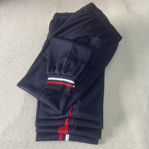 深蓝色红杠束脚校服裤子男女学生校服裤收口带白红条纹宽松运动裤