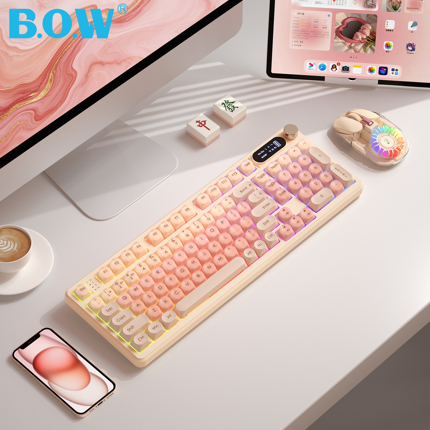 BOW 航世三模无线蓝牙机械键盘鼠标套装手机平板ipad笔记本通用