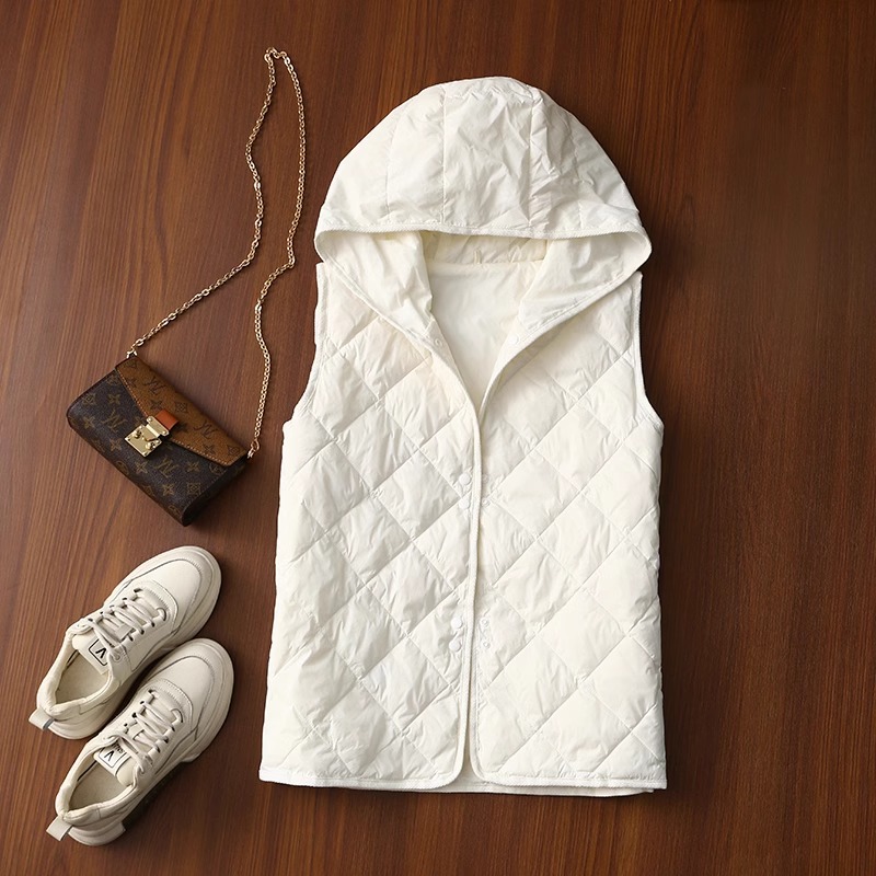 单排扣白色连帽马甲女冬轻薄棉衣夹棉马夹外套棉服内胆~清仓活动