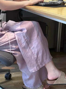 亚麻阔腿裤女夏季薄款粉紫色裤子