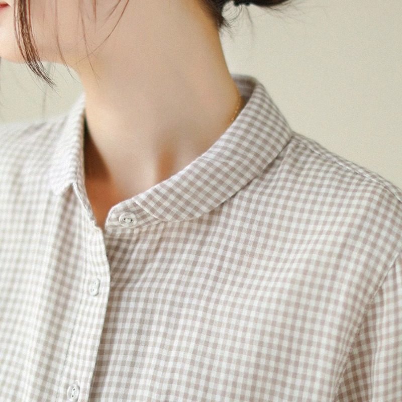 清仓捡漏~春秋薄款娃娃领棉纱格子衬衫长袖宽松打底棉麻上衣女夏,女装/女士精品,衬衫,淘宝优惠券,粉丝福利购,淘宝优惠卷