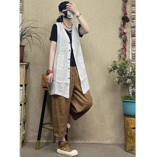 大码棉麻中长款V领马夹女夏薄款单排扣百搭无袖马甲开衫~女装