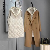 外穿大衣羽绒棉内胆 轻薄菱格夹棉带帽马甲女中长款 冬季 商场清仓