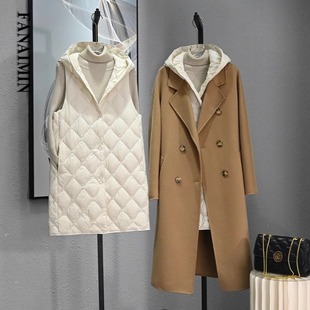 商场清仓 外穿大衣羽绒棉内胆 轻薄菱格夹棉带帽马甲女中长款 冬季