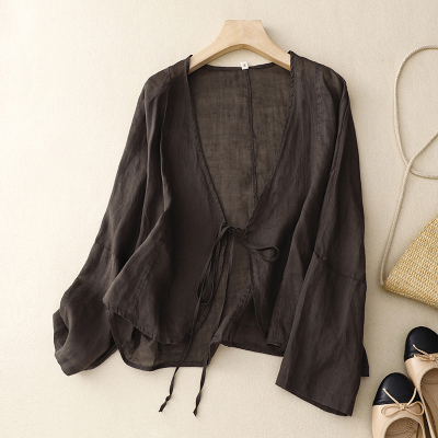 捡漏~棉麻防晒衣外搭上衣秋季文艺复古系带开衫女宽松V领短款外套