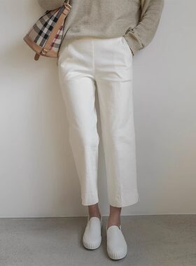 清仓特价~脚口开叉白色直筒裤子女九分裤高腰松紧显瘦棉麻休闲裤