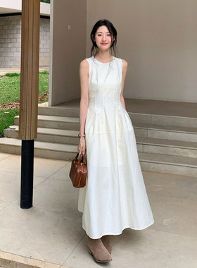 法式白色背心连衣裙女夏季亚麻收腰显瘦高腰a字中长裙子棉麻女裙
