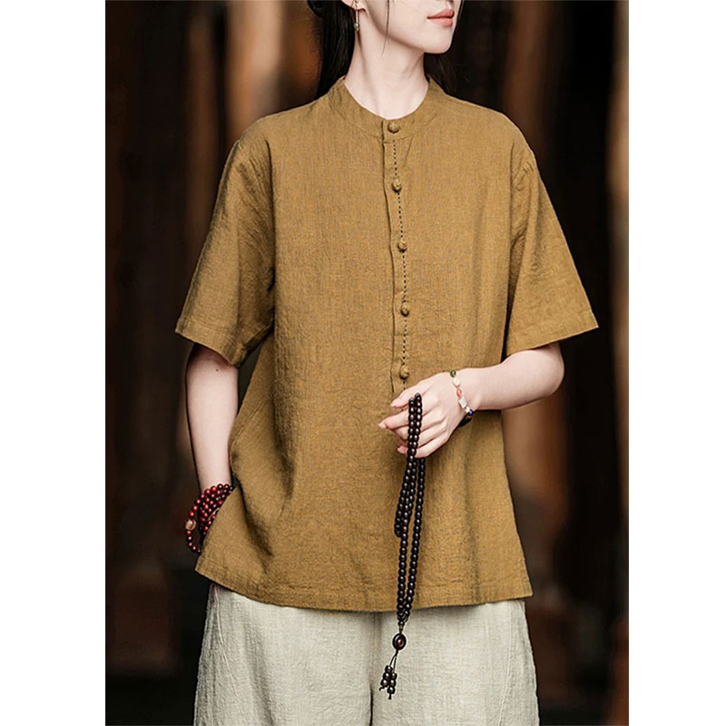 苎麻复古新中式短袖衬衫女式夏季新款棉麻国风茶服上衣~清仓特价