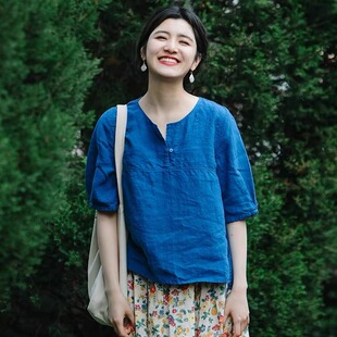 棉麻短袖小衫女式2025年夏季文艺宽松亚麻套头上衣衬衫~外贸