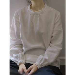 棉麻后背扣气质长袖上衣衬衣女秋季新款木耳领文艺衬衫~女装