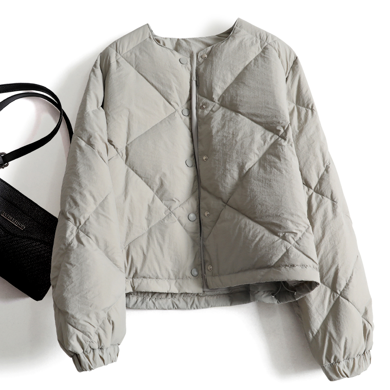 清仓捡漏~高级灰日系菱格短款羽绒棉服女冬季保暖面包服百搭外套