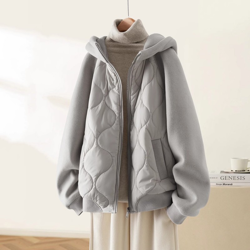 巨好看的冬季拼接夹棉保暖棉服女带帽拉链慵懒风灰色外套清仓特价