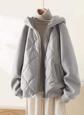 巨好看的冬季拼接夹棉保暖棉服女带帽拉链慵懒风灰色外套清仓特价