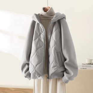 巨好看的冬季拼接夹棉保暖棉服女带帽拉链慵懒风灰色外套清仓特价