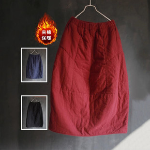 文艺复古夹棉半身裙女秋冬季 清仓现货 松紧腰休闲加厚保暖棉裙子