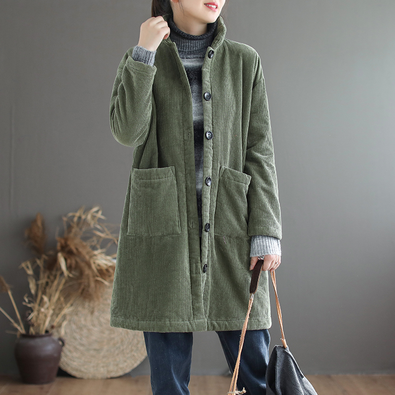 文艺灯芯绒棉衣中长款棉服冬季加绒加厚保暖条绒外套女~清仓活动