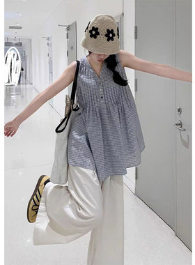 胖mmv领背心衬衫外穿女夏季2026新款小清新格子无袖上衣~清仓福利