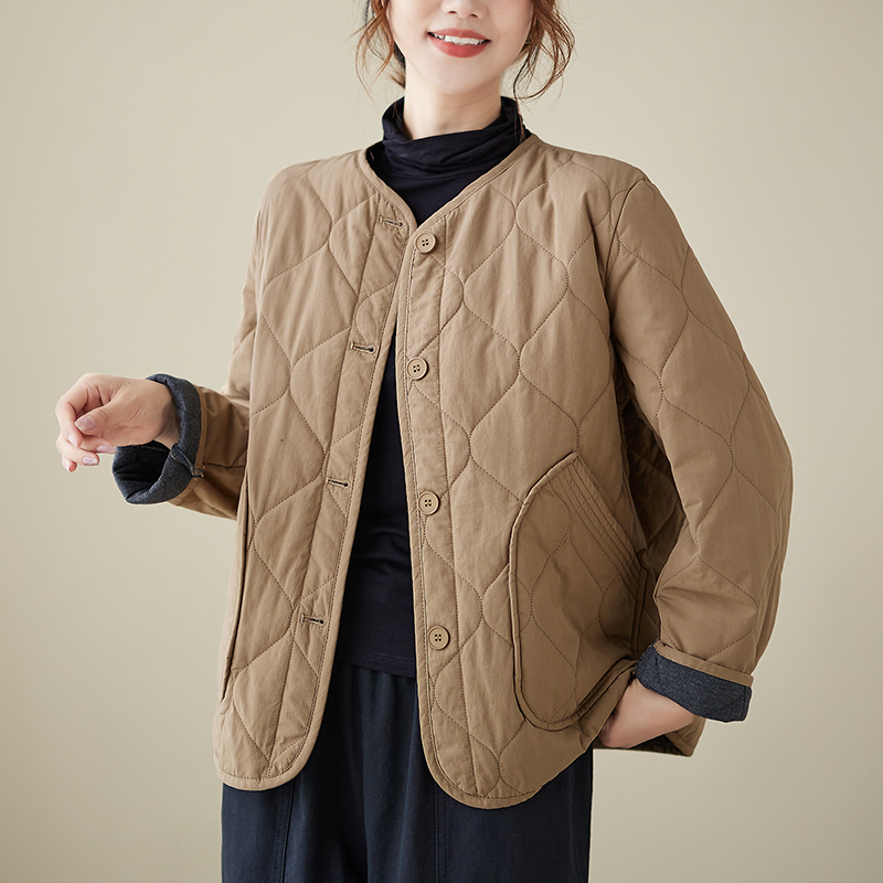 2025秋冬夹棉圆领长袖棉衣女士宽松复古单排扣棉服外套~外贸尾货
