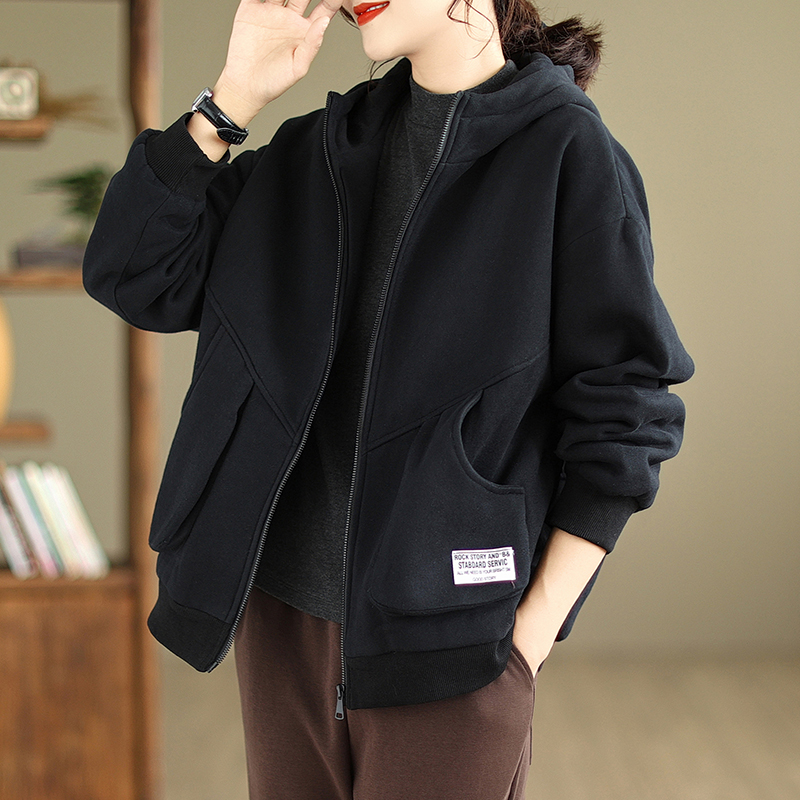 连帽卫衣加厚文艺短外套女秋冬款