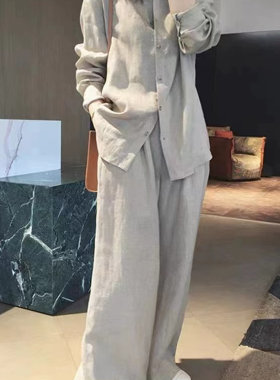 棉麻上衣裤子套装女春季长袖衬衫