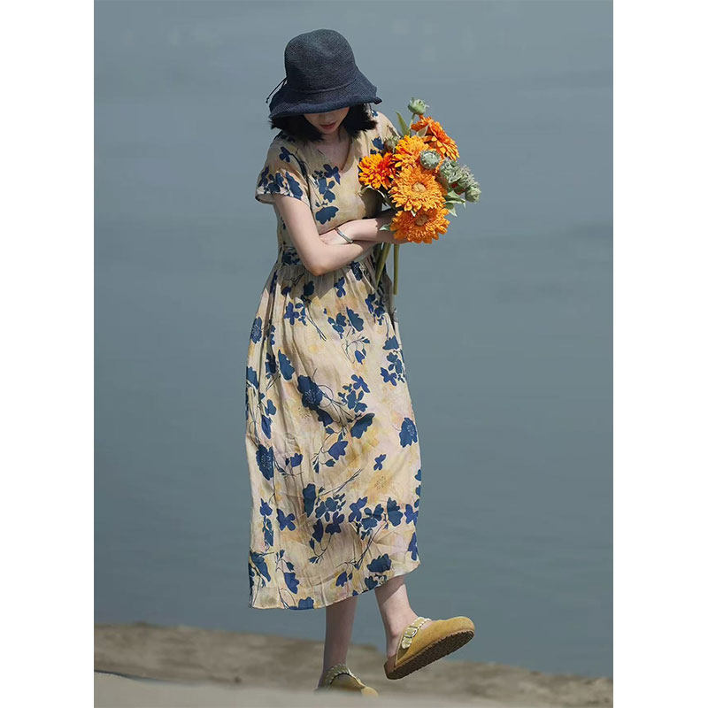 2026夏季复古短袖印花裙子女中年妈妈蓝色花苎麻连衣裙~清仓尾货