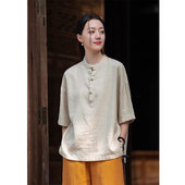 上衣 新中式 棉麻休闲禅意中袖 女夏2026新款 清仓折扣 苎麻复古衬衫